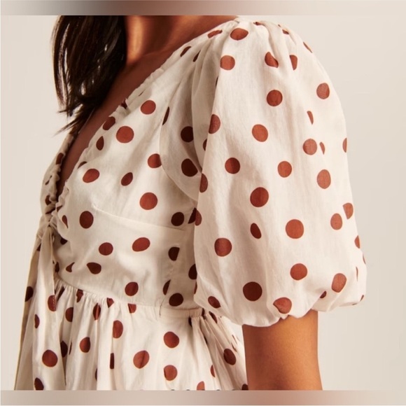 Abercrombie & Fitch Cream & Brown Polka Dot Puff Sleeve Mini Dress, Size SP - Picture 3 of 12